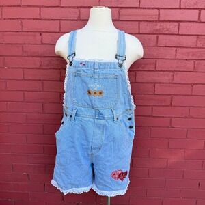 Vtg LEI Denim Overalls Womens Medium Shorts Blue Sunflowers Hearts Lace Trim USA